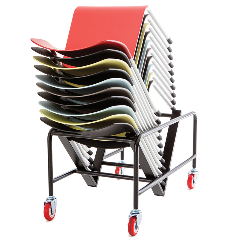 Chair trolley with ten chairs stacked on it
