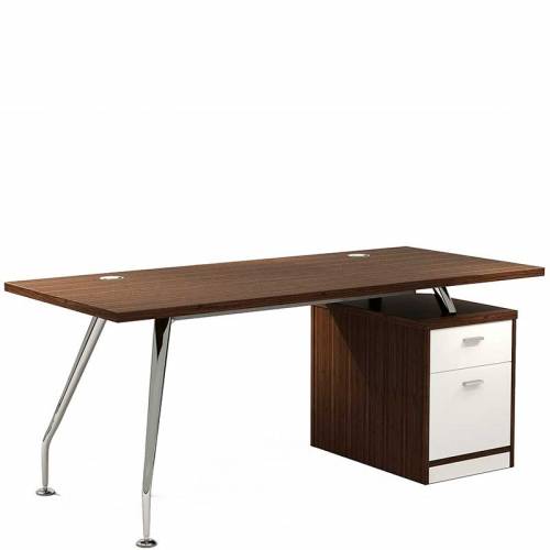 Dark wood desk with white filing cabinet